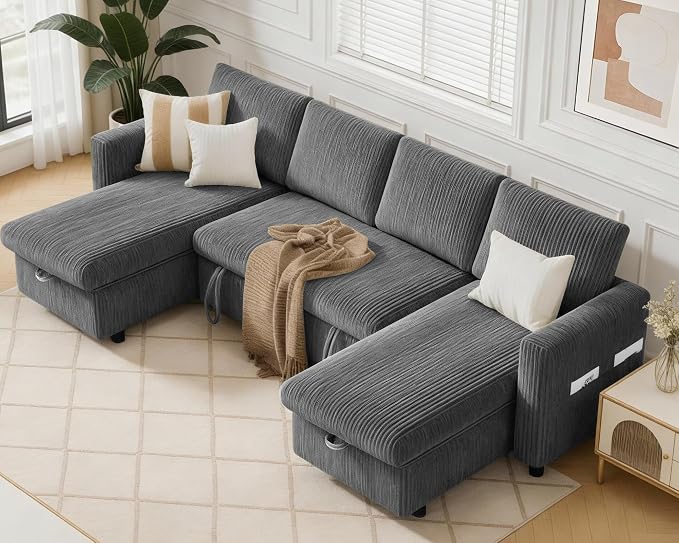 WEUP 106" U Shaped Sectional Sleeper Sofa Bed with Pull Out Bed, Sectional Sleeper Couch Pull Out Couch with Reclining Backrest/Reversible Storage Chaise/USB Ports/Tool-Free Assembly, Corduroy Grey