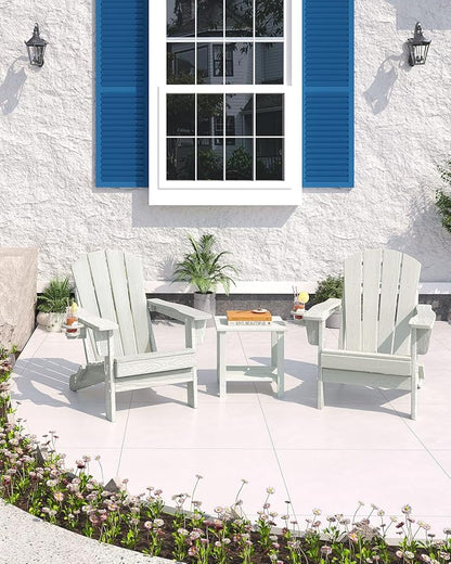 Garvee Folding Adirondack Chair Set of 4, HDPE Outdoor Patio Chair with Cup Holder, All Weather Resistent Wooden Textured for patios, Decks, Gardens, fire Pit, White