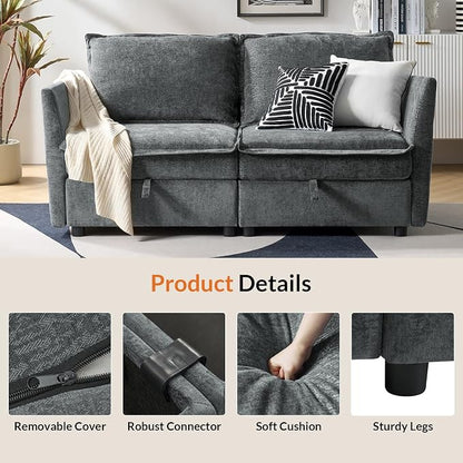 HULALA HOME 67'' Modern Chenille Loveseat Sofa, 2 Seater Couch with Storage, Comfy Deep Seat, Small Loveseat Couches for Living Room Furniture with Pillows, Easy to Install, Grey