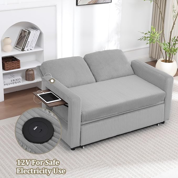 3 in 1 Folding Convertible Sleeper Sofa Bed, Pull Out Couch with Side Pockets USB Port Side Table Loveseat Sofa Bed with Adjustable Backrest for Living Room Bedroom 66" LIGHTGREY 2 SEAT