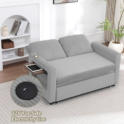 3 in 1 Folding Convertible Sleeper Sofa Bed, Pull Out Couch with Side Pockets USB Port Side Table Loveseat Sofa Bed with Adjustable Backrest for Living Room Bedroom 66" LIGHTGREY 2 SEAT