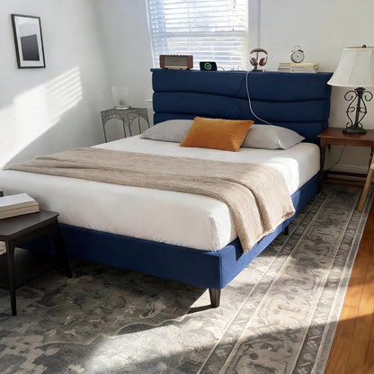 EnHomee Twin Size Bed Frame with Upholstered Headboard,Adjustable Height Platform Bed,Charging Station,No Box Spring Needed,Easy Assembly,Noise-Free,Navy Blue