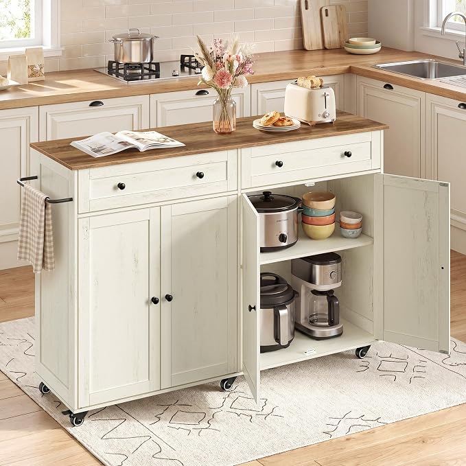 VASAGLE Mobile Kitchen Island, Portable Island on Wheels, Mobile Cart with Storage Cabinet for Dinning Room, 15.8 x 53.7 x 35.1 Inches, Rustic White and Honey Brown UKKI016WJ01S