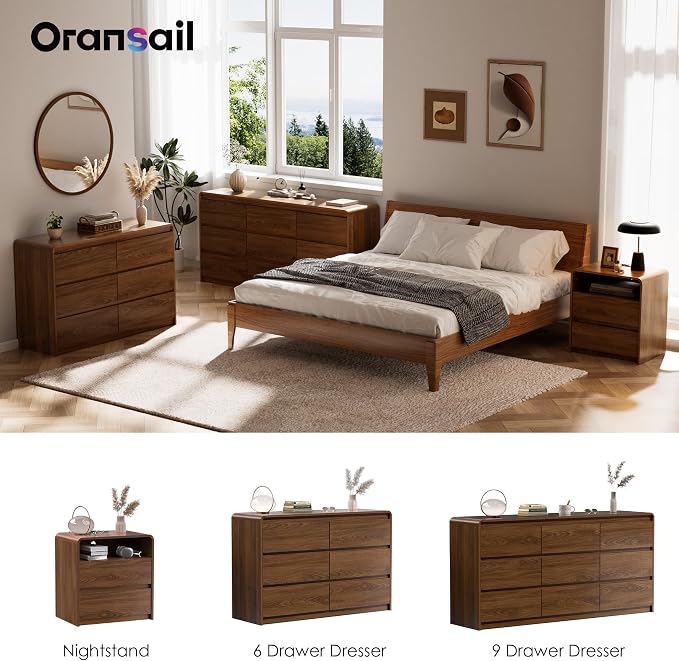 Oransail 6 Drawer Dresser, 47" Wide Walnut Dresser Chest of Drawers, Curved Anti-Collision & Anti-Tipping Design, Mid Century Modern Wooden Dresser for Bedroom, Living Room, TV Stand