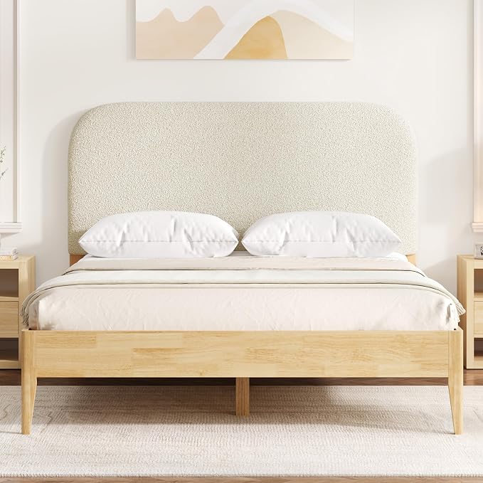 KISLOT Wood Bed Frame with USB & Type-C Charging, Boucle Platform Bed with Upholstered Headboard Mattress Foundation No Box Spring Needed Easy Assembly