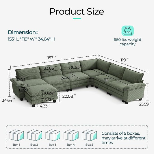 LINSY HOME Modular Sectional Sofa 6 Seat Couch Corduroy Cloud Couch with Deep Seat, Modern C-Shaped Cloud Couch for Living Room, Office, Bedroom, Green