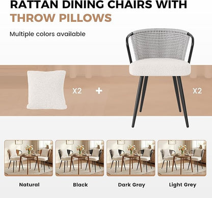 Rattan Dining Chairs Set of 2, Upholstered Kitchen Chair with Metal Legs, Ergonomic Curved Backrest, Mid Century Modern Living Room Chairs with Throw Pillow, Light Grey