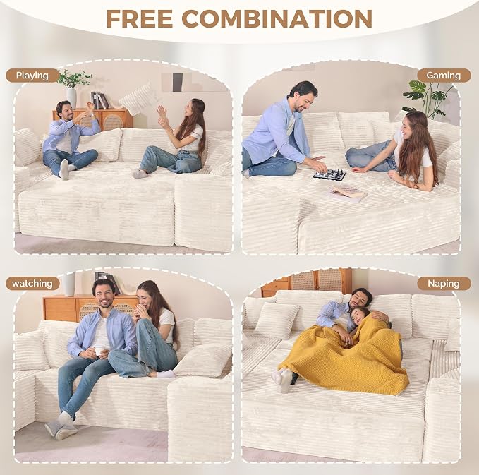 Luxanimarion 136'' Large Sectional Cloud Couches with Chaise, U Shaped Boneless Sofa Bed with Ottoman, No Assembly Required Deep Seat Modular Lounge for Living Room 4PCS Set, Bedroom(Beige)