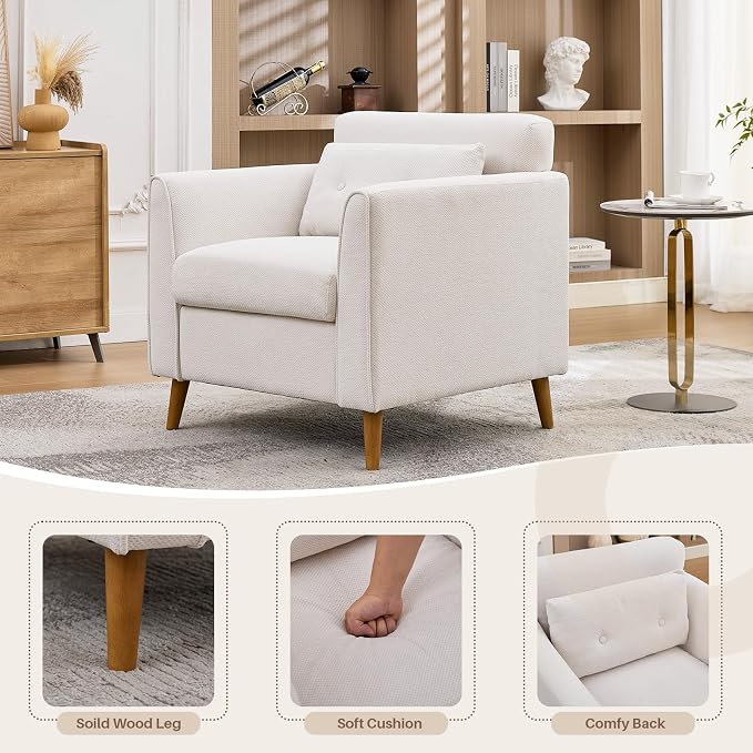 Modern Accent Chair with Wooden Legs Plush Fabric Armchair Chenille Side Single Sofa Chair for Bedroom, Office Cafe Waiting Room Apartment (Beige Armchair)
