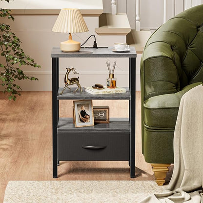 SUPERJARE Nightstand with Charging Station, Bed Side Table with Adjustable Fabric Drawer, Night Stand for Bedroom, 3-Tier Storage End Table, for Living Room, Charcoal Gray