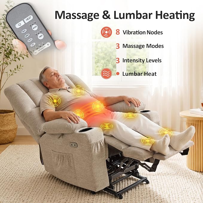 MCombo Oversized Power Lift Recliner Chair for Elderly, Lift Chair with Heat and Massage, Lift Recliner for Big and Tall, Cup Holders, USB & Type C Ports, Fabric R7092 (Beige, Oversize)