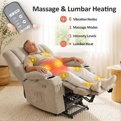 MCombo Oversized Power Lift Recliner Chair for Elderly, Lift Chair with Heat and Massage, Lift Recliner for Big and Tall, Cup Holders, USB & Type C Ports, Fabric R7092 (Beige, Oversize)