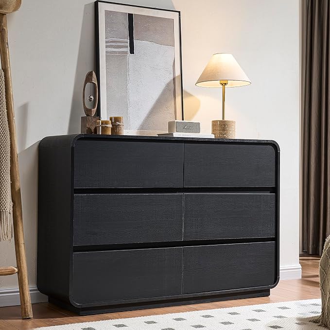 Standifurno Curved Dresser with 6 Drawers, 47" Wide Chest of Drawers with Clothes Storage Organizer, Wood Dresser Closet for Living Room, Hallway (Black)