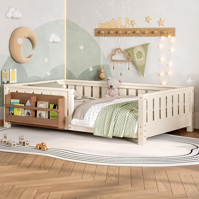 Bellemave Beige Montessori Floor Bed with Fence and Slats, Twin Size Montessori Floor Bed with Bookcase and High Rails, Easy Assemble Bed Frame for Girls, Boys, Twin