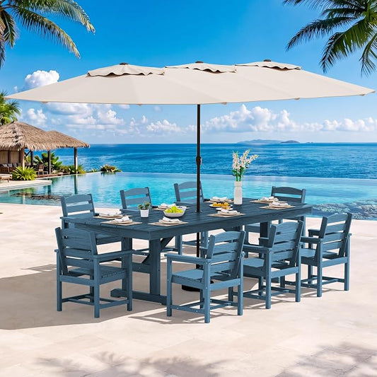 SERWALL 10 Piece 84" HDPE Outdoor Dining Set for 8 with 15ft Double-Sided Umbrella, Blue