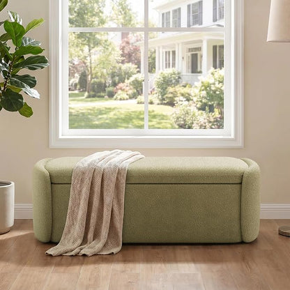 VKNOW 51" Storage Ottoman Bench, Upholstered End of Bed Bench with Smooth Hinges, Oval Large Ottoman Bench for Bedroom, Living Room and Hallway Entryway, Light Green