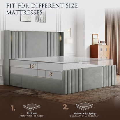 Queen Bed Frame with 55.1" Tall Headboard, Velvet Upholstered Platform Bed with Channel Tufted Wingback, 2 Reading Lights/Storage Shelf/Charging Station/Easy Assembly/Noise-Free, Grey