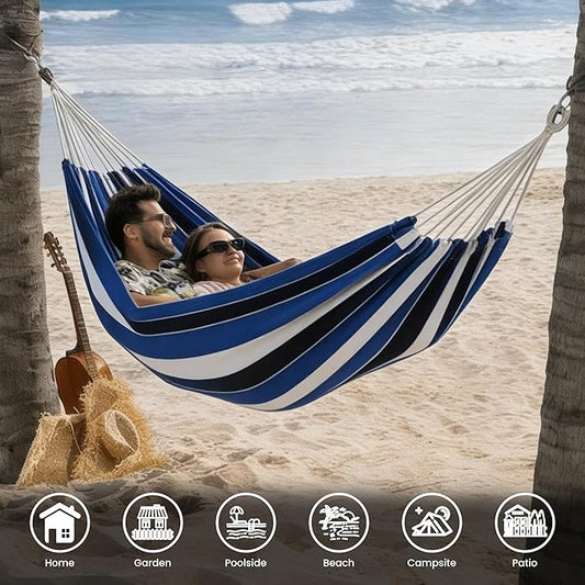 Lazy Daze Hammocks Double Brazilian Cotton Hammock, Extra Large Portable Outdoor Camping Hammock with Tree Straps & Travel Bag for Backyard Patio Poolside Indoor, 550lbs Capacity, Blue