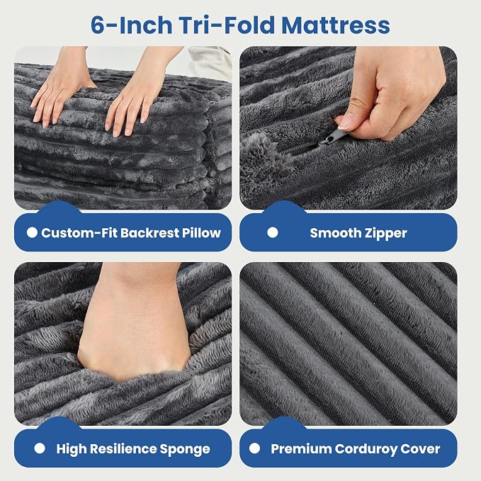 Erament Tri-Fold Futon Sofa Bed, 6 Inch Foldable Floor Couch, High-Density Foam Convertible Sleeper Sofa with Removable Washable Corduroy Cover, Portable Floor Mattress for Living Room (Grey, Full)