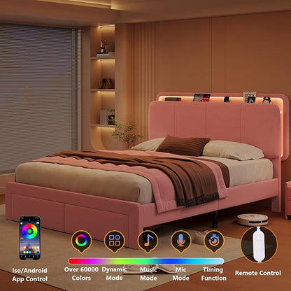 Feonase Queen Upholstered Bed Frame with Headboard and 2 Storage Drawers, Built-in Charging Station, Velvet Platform LED Bed with Solid Wood Slat Support, No Box Spring Needed, Pink