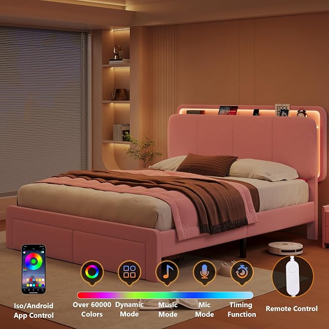 Feonase Full Upholstered Bed Frame with Headboard and 2 Storage Drawers, Built-in Charging Station, Velvet Platform LED Bed with Solid Wood Slat Support, No Box Spring Needed, Pink