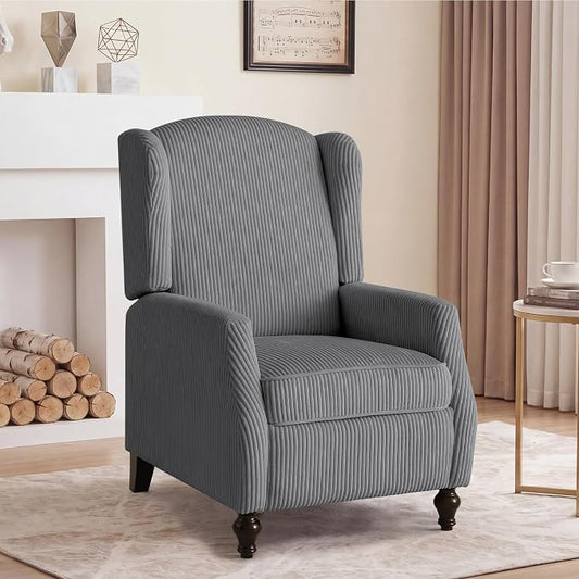 Upholstered Wingback Recliner Chair, Cozy Corduroy Manual Push Back Recliner for Living Room, Bedroom (1, Gray)