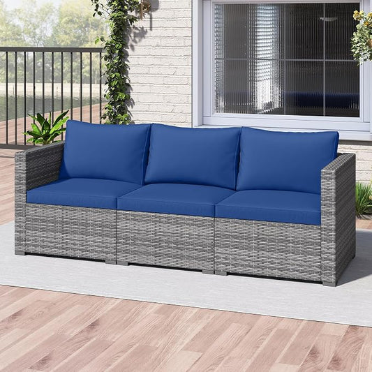 Tangkula 3 Seat Outdoor Wicker Sofa Set, Modular PE Rattan Patio Cushioned Sectional Couch Set, Outside Furniture Set for Deck, Backyard, Porch, Garden & Poolside (Navy)