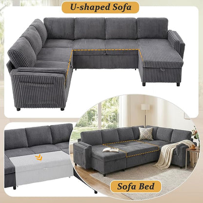 Sectional Sleeper Sofa with Pull Out Bed, 7 Seats U Shaped Modular Sectional Sofa with Storage, USB Ports, Cup Holders, Plush Corduroy Cloud Sectional Couches for Living Room, Dark Grey