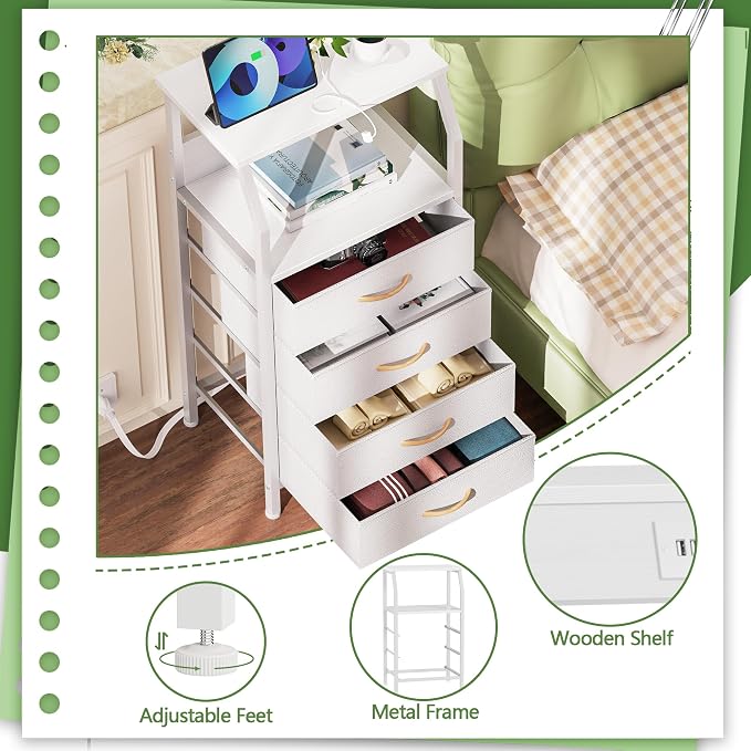 Furnulem Night Stand with Charging Station, Dresser with PVC & Fabric Drawers, 33.3 Inch Side Table with Open Shelf, Tall Bedside Table for Closet, Entryway, Bedroom Furniture, 3 Ways to Use, White