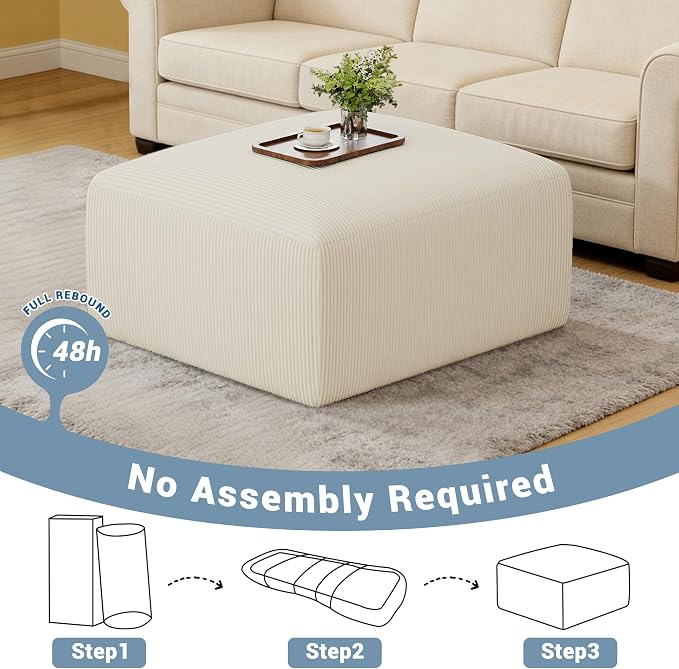 40" Oversized Large Square Corduroy Ottoman Pouf - Poofy Plush Foot Rest with Foam Chunk Filling, Movable Floor Pouf Footstool & Ottoman Coffee Table for Living Room Couch Bedroom, Beige (2 Pieces)