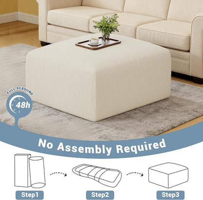 40" Oversized Large Square Corduroy Ottoman Pouf - Poofy Plush Foot Rest with Foam Chunk Filling, Movable Floor Pouf Footstool & Ottoman Coffee Table for Living Room Couch Bedroom, Beige (2 Pieces)