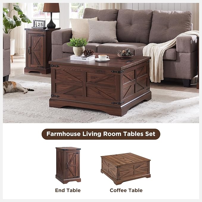 JXQTLINGMU Farmhouse Lift Top Coffee Table with Large Storage, 36" Square Wood Living Room Table with Hidden Compartment, Lift Tabletop Dining Table for Home, Brown