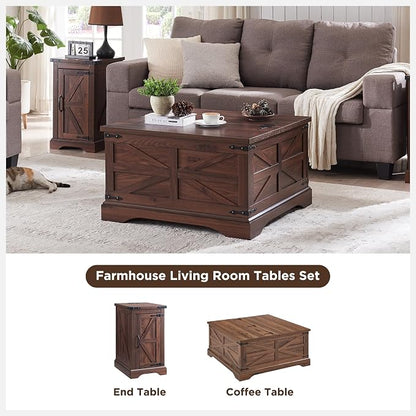 JXQTLINGMU Farmhouse Lift Top Coffee Table with Large Storage, 36" Square Wood Living Room Table with Hidden Compartment, Lift Tabletop Dining Table for Home, Brown