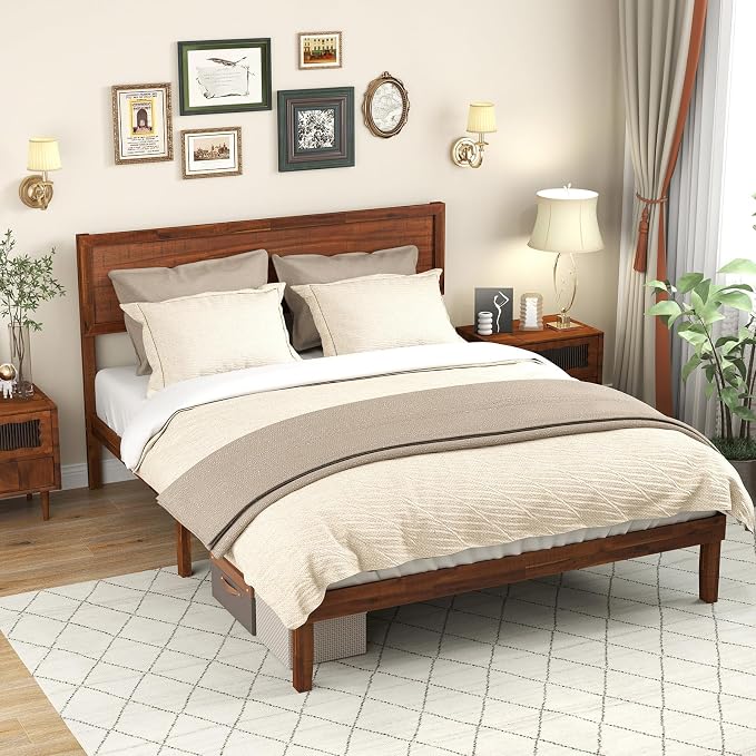 KOMFOTT Queen Size Wood Bed Frame with Headboard, Solid Acacia Wood Platform Bed Frame, Wooden Slats Supported Bed Base with Under-Bed Storage Space, No Box Spring Needed, Wood Queen Bed (Brown,Queen)