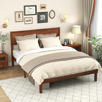 KOMFOTT Queen Size Wood Bed Frame with Headboard, Solid Acacia Wood Platform Bed Frame, Wooden Slats Supported Bed Base with Under-Bed Storage Space, No Box Spring Needed, Wood Queen Bed (Brown,Queen)