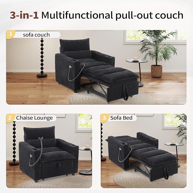 HAOMARKETS Corduroy Sleeper Sofa Bed with 2 Cup Holders, 3-in-1 Convertible Pullout Futon Couch with Phone Holder&USB Charge Port, Single Chair with 3-Level Adjustable Backrest for Living Room