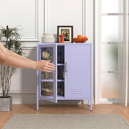 33" Tall Purple Metal Locker Storage Cabinet with Lock Left Glass Door and Right Metal Door 2 Adjustable Shelves Steel Storage Organizer for Foyer Living Room Size：33" H X 29.5" W X 13.8" D