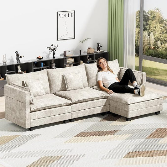 LEVELEVE 112.5" L-Shape Modular Sofa with 1 Ottomans, Deep Seat Cloud Convertible Sleeper, 3 Throw 2 Arm Pillows, Comfortable Upholstered Furniture for Living Room Apartment, Beige