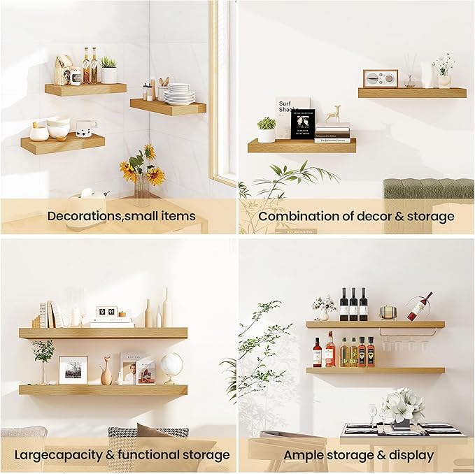 Vivelove 24 Inch Floating Shelves for Wall, 24x9 Display Shelves for Bathroom Living Room Kitchen Bedroom Office Farmhouse Home Decor - Set of 2, Oak