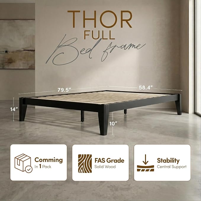 Thor Premium Solid Wood Bed Frame Full, Japanese Joinery Bed Frame with Wood Slat Support, Platform Bed, No Box Spring Needed, Easy Assembly, Minimalist & Modern Style (Midnight Charcoal)