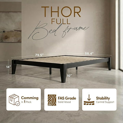 Thor Premium Solid Wood Bed Frame Full, Japanese Joinery Bed Frame with Wood Slat Support, Platform Bed, No Box Spring Needed, Easy Assembly, Minimalist & Modern Style (Midnight Charcoal)