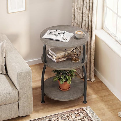 Round Side Table, 3-Tier End Table with Storage Shelf, 15.7" Wide Nightstand for Small Spaces, Tall Sofa Table Capable of Holding Laptops & Lamps, Bedside Table for Bedroom & Living Room, Grey