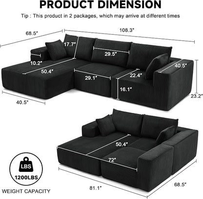 108” Modular Sectional Sofa, Cloud Sectional Couch with Deep Seat, Upholstered Boneless Couches for Living Room Bedroom, Modern Modular L-Shape Sofa Couch with Chaise (Left Facing Chaise, Black)