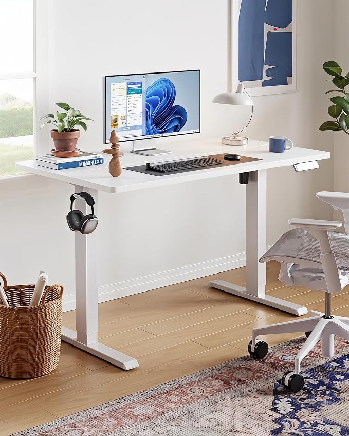 HUANUO Electric Standing Desk,53" x 28" Height Adjustable Desk, 4 Memory Height Settings, Sit to Stand Up Desk for Home Office, with Headphone Hook, Cable Manager, White