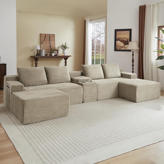 ivoros 140 Inch Modular Sectional Sofa Couch, Oversized Modern Cloud Couch for Living Room, U Shape Couches with 2 Ottomans and Cup Holders, Camel Corduroy Boneless Sofas, Sofa in a Box