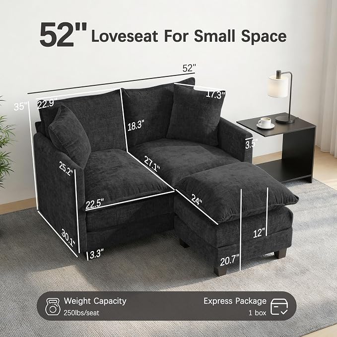 52'' Loveseat Sofa with Ottoman, Modern Cloud Sofa Couch with 27" Deep Seat Comfy Chenille Small Couch for Small Spaces, Apartment, Studio, Bedroom, Living Room