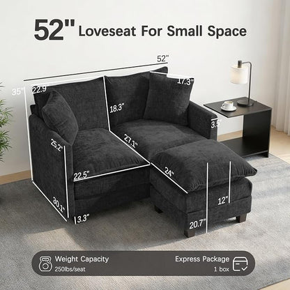 52'' Loveseat Sofa with Ottoman, Modern Cloud Sofa Couch with 27" Deep Seat Comfy Chenille Small Couch for Small Spaces, Apartment, Studio, Bedroom, Living Room