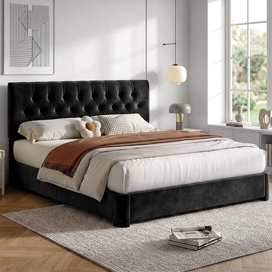 Queen Size Bed Frame with Headboard, Luxury Velvet Fabric Upholstered Bed frame with Button Tufted Design, Strong Wooden Slats Support - Low & Sturdy, Noise-Free, No Box Spring, Easy Assembly, Black | Plush velvet