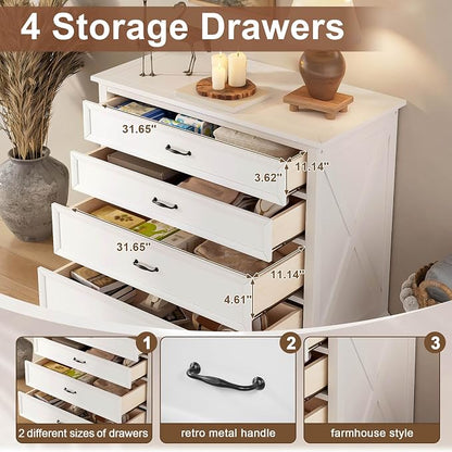 4 Piece Bedroom Set Queen Size Bed Frame with Dresser and 2 Nightstands | White Platform Bed Frames,4 Storage Drawers Cabinet,Farmhouse Bedroom Furniture Sets,Sturdy Wooden Slat Support,Guest Room