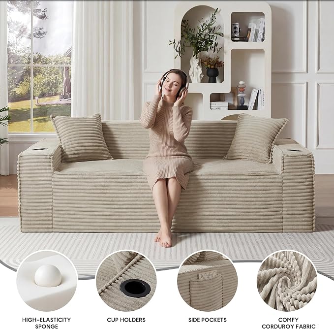 Boneless Sectional Sofa Couch with Cup Holders & Side Pockets, Modern Corduroy Fabric Deep Seat 3-seat Cloud Couch for Living Room Office, No Assembly (Camel)